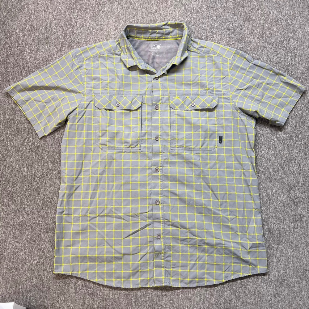 Mountain Hardwear Mens XL Short Sleeve‎ Hiking Shirt Grey Neon Yellow Grid Plaid